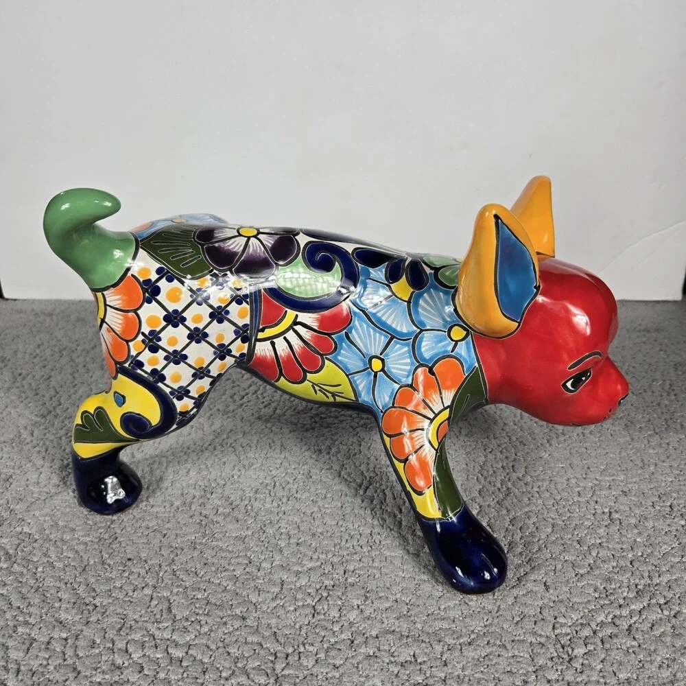 Talavera Peeing Chihuahua Mexican Pottery Art Hand Painted 8 x 9 X 12 In